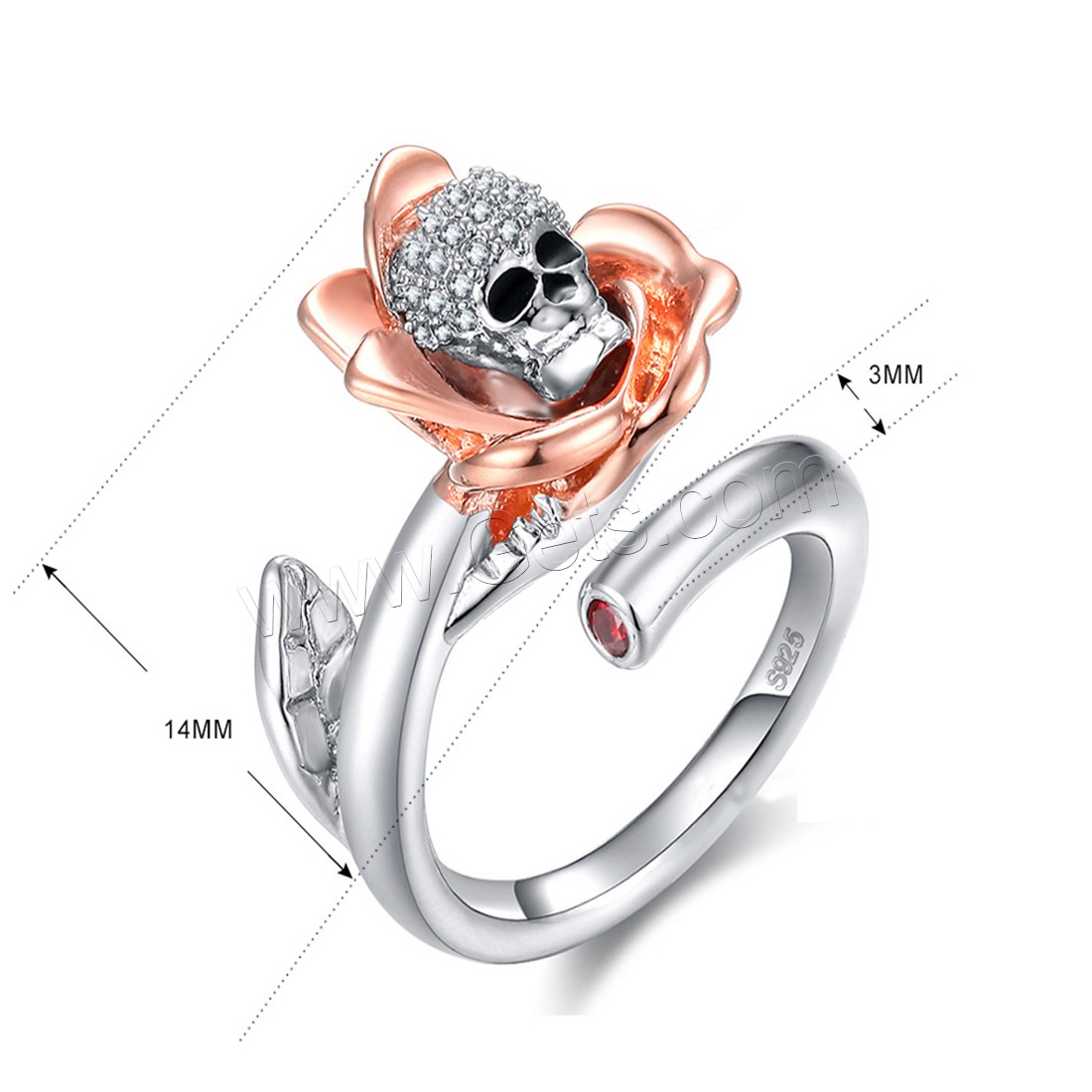Brass Open Finger Ring, Skull, plated, different size for choice & micro pave cubic zirconia & for woman, 14mm, 3mm, Sold By PC