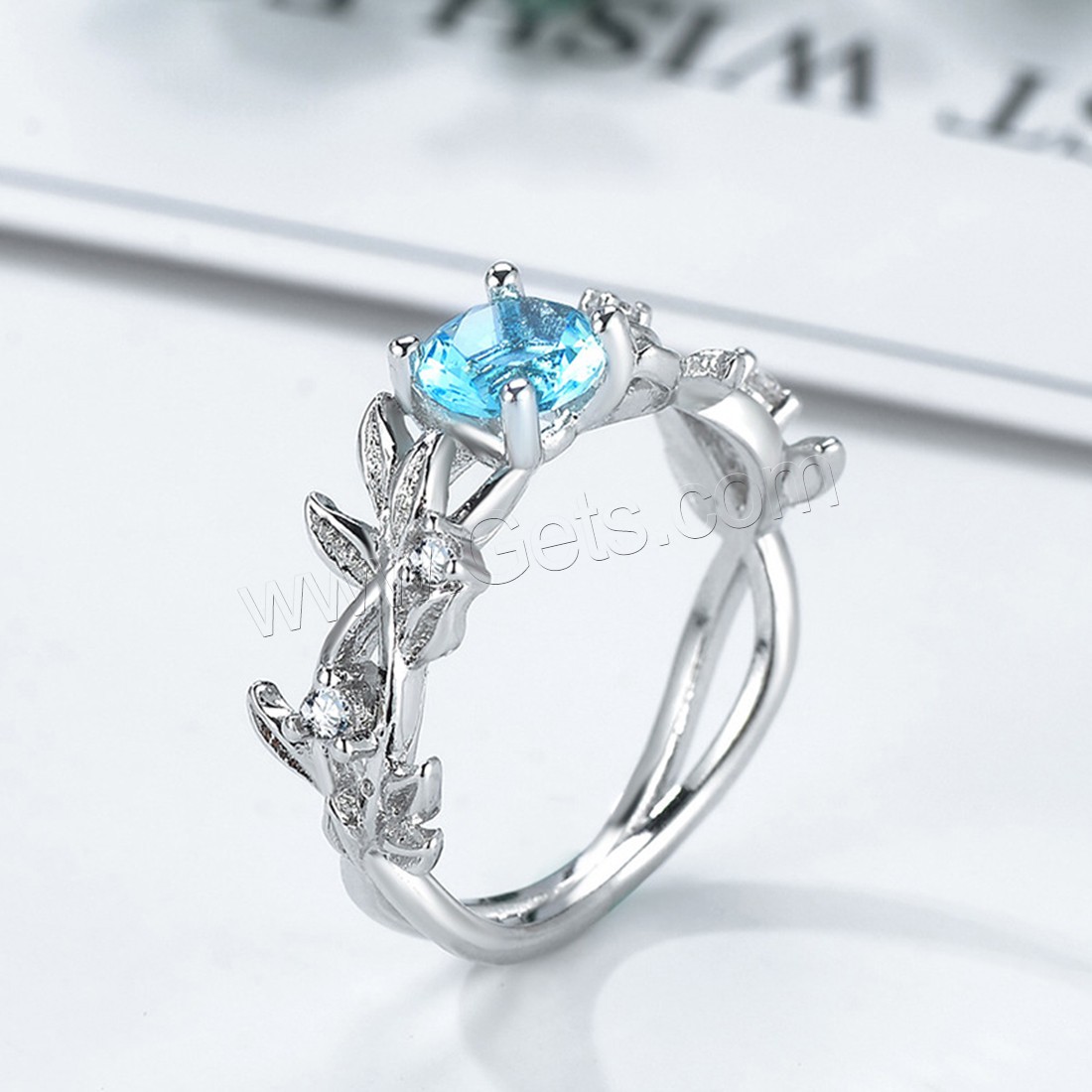Gemstone Brass Finger Ring, with Aquamarine, Branch, platinum plated, different size for choice & for woman & with cubic zirconia, 6mm, 8mm, Sold By PC