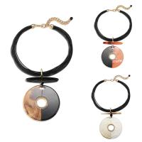 Resin Necklace, with Waxed Linen Cord & Zinc Alloy, with 5cm extender chain, Flat Round, gold color plated, for woman & multi-strand 85mm Approx 15.5 Inch 