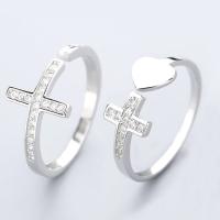 Cubic Zircon Brass Finger Ring, Cross, thick 925 sterling silver plated, adjustable & for woman & with cubic zirconia, nickel, lead & cadmium free 