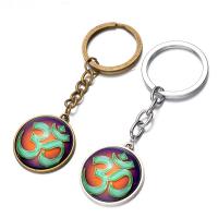 Fashion Time Gem Keychain Key Ring, Zinc Alloy, with iron ring & Glass, Flat Round, plated, with om symbol & time gem jewelry & Unisex & decal lead & cadmium free, 28mm 