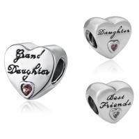 Rhinestone Zinc Alloy European Beads, Heart, platinum color plated & with letter pattern & without troll & enamel & with rhinestone, lead & cadmium free, 10-15mm Approx 4-4.5mm 