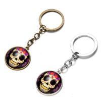 Fashion Time Gem Keychain Key Ring, Zinc Alloy, with iron ring & Glass, Flat Round, plated, time gem jewelry & with skull pattern & Unisex & decal lead & cadmium free, 28mm 