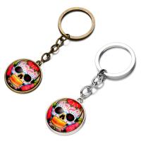 Fashion Time Gem Keychain Key Ring, Zinc Alloy, with iron ring & Glass, Flat Round, plated, time gem jewelry & with skull pattern & Unisex & decal lead & cadmium free, 28mm 