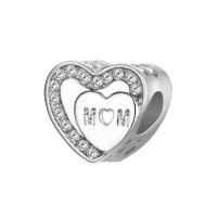 Rhinestone Zinc Alloy European Beads, Heart, word mom, platinum color plated, without troll & with rhinestone, lead & cadmium free, 10-12mm Approx 4-4.5mm 