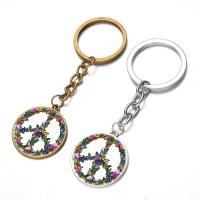 Fashion Time Gem Keychain Key Ring, Zinc Alloy, with iron ring & Glass, Flat Round, plated, peace logo design & time gem jewelry & Unisex & decal lead & cadmium free, 28mm 