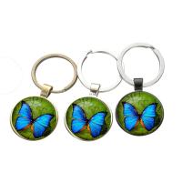 Fashion Time Gem Keychain Key Ring, Zinc Alloy, with iron ring & Glass, Flat Round, plated, time gem jewelry & Unisex & with butterfly pattern & decal lead & cadmium free, 28mm 