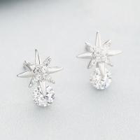Cubic Zircon Brass Earring, Eight Point Star, thick 925 sterling silver plated, for woman & with cubic zirconia, nickel, lead & cadmium free 
