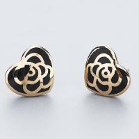 Brass Stud Earring, Heart, rose gold color plated, with flower pattern & for woman & enamel, nickel, lead & cadmium free 