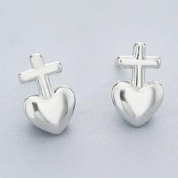 Brass Stud Earring, Heart and Cross, thick 925 sterling silver plated, for woman, nickel, lead & cadmium free 