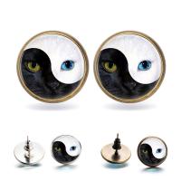 Zinc Alloy Stud Earring, with Glass, stainless steel post pin, Flat Round, plated, time gem jewelry & ying yang & for woman & decal lead & cadmium free, 14mm 