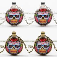 Time Gem Jewelry Necklace, Zinc Alloy, with iron chain & Glass, with 5cm extender chain, Flat Round, plated, with skull pattern & Unisex & oval chain & decal lead & cadmium free, 25mm Approx 17.5 Inch 