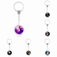 Zinc Alloy Key Chain Jewelry, with iron ring & Glass, Flat Round, silver color plated, rotatable & time gem jewelry & Unisex & double-sided & decal, lead & cadmium free 