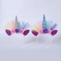 Satin Ribbon Hair Band, with Felt & Acrylic, Unicorn, for children & colorful powder 150-160mm 
