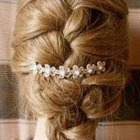 Decorative Hair Combs, Nylon Cord, with Glass Pearl & Iron, Flower, for bridal, 60-80mm 