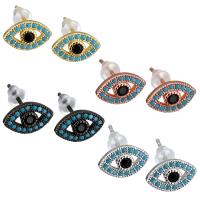 Brass Stud Earring, with rubber earnut, Evil Eye, plated, for woman & with cubic zirconia 