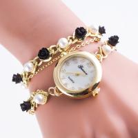 Мода Часы браслет, цинковый сплав, с Стеклянный & канифоль & Пластиковая жемчужина, плакирован золотом, Женский, 25mm, 5mm, длина:Приблизительно 15 дюймовый, продается PC
