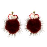 Fluffy Pom Pom Earrings, Cupronickel, with Plush, sterling silver post pin, gold color plated, for woman, red 