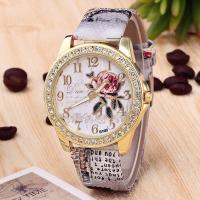 Fashion Watch Bracelet, PU Leather, with Glass & Zinc Alloy, stainless steel pin buckle, plated, for woman & with rhinestone 40mm, 20mm Approx 9.4 Inch 