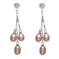 Freshwater Pearl Drop Earring, stainless steel post pin, Rice, natural, for woman & with rhinestone, purple, 6-7mm, 39-42mm 