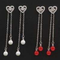 Cupronickel Drop Earring, with ABS Plastic Pearl & Cubic Zirconia, sterling silver post pin, silver color plated, for woman 