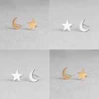 Asymmetric Earrings, Stainless Steel, brass post pin, Moon and Star, plated, for woman 