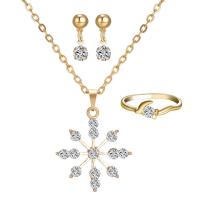 Rhinestone Zinc Alloy Jewelry Set, finger ring & earring & necklace, with iron chain, with 5cm extender chain, Snowflake, gold color plated, oval chain & for woman & with rhinestone, lead & cadmium free  US Ring .5 Approx 16.5 Inch 