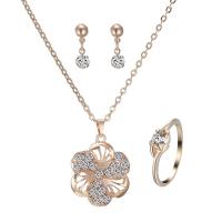 Rhinestone Zinc Alloy Jewelry Set, finger ring & earring & necklace, with iron chain, with 5cm extender chain, Flower, gold color plated, oval chain & for woman & with rhinestone, lead & cadmium free  US Ring .5 Approx 16.5 Inch 