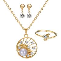 Rhinestone Zinc Alloy Jewelry Set, finger ring & earring & necklace, with ABS Plastic Pearl & iron chain, with 5cm extender chain, gold color plated, oval chain & for woman & with rhinestone, lead & cadmium free, 22mm US Ring .5 Approx 16.5 Inch 