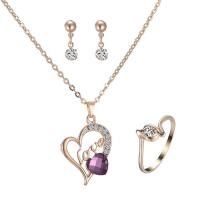 Rhinestone Zinc Alloy Jewelry Set, finger ring & earring & necklace, with iron chain & Crystal, with 5cm extender chain, Heart, gold color plated, oval chain & with letter pattern & for woman & faceted & with rhinestone, lead & cadmium free  US Ring .5 Approx 16.5 Inch 