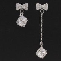 Cupronickel Asymmetric Earrings, with Cubic Zirconia, sterling silver post pin, silver color plated, for woman 