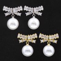 Cupronickel Drop Earring, with ABS Plastic Pearl & Cubic Zirconia, sterling silver post pin, plated, for woman 