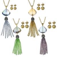 Crystal Jewelry Sets, Stainless Steel, sweater chain necklace & earring, with Rhinestone Clay Pave & Crystal, Tassel, gold color plated, oval chain & for woman & faceted 3mm, 8mm Approx 29 Inch 