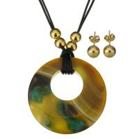 Resin Jewelry Sets, Stainless Steel, earring & necklace, with Waxed Nylon Cord & Resin, Donut, gold color plated, for woman, 51mm, 1.5mm, 8mm Approx 20 Inch 