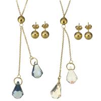 Crystal Jewelry Sets, Stainless Steel, earring & necklace, with Crystal, Diamond Shape, gold color plated, oval chain & for woman & faceted 87mm 1.5mm, 8mm Approx 18 Inch 