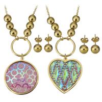 Resin Jewelry Sets, Stainless Steel, earring & necklace, with Resin, gold color plated, oval chain & for woman Approx 17 Inch 