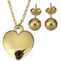 Conjuntos de joyería de acero inoxidable, pendiente & collar, Corazón, chapado en color dorado, cadena oval & para mujer, 22x25mm, 2mm, 8mm, longitud:aproximado 19 Inch, Vendido por Set