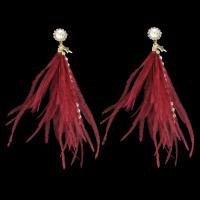 Fashion Feather Earring , Cupronickel, with ABS Plastic Pearl & Plush & Cubic Zirconia, sterling silver post pin, gold color plated, for woman, red 