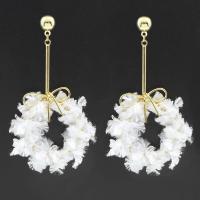 Fluffy Pom Pom Earrings, Cupronickel, with Plush, sterling silver post pin, gold color plated, for woman, white 