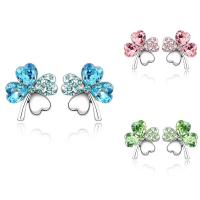 Brass Stud Earring, with CRYSTALLIZED™, Four Leaf Clover, platinum plated, for woman & faceted nickel, lead & cadmium free 