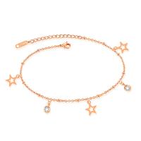 Brass Anklet, Stainless Steel, with 6cm extender chain, rose gold color plated, for woman & with rhinestone, 9mm, 6mm Approx 7 Inch 