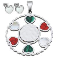 Turquoise Stainless Steel Jewelry Sets, pendant & earring, with Malachite & Synthetic Turquoise & White Shell, Heart, for woman, original color Approx 