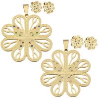 Rhinestone stainless steel Jewelry Set, pendant & earring, Flower, gold color plated, for woman & with rhinestone & hollow Approx 