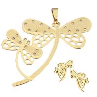 Rhinestone stainless steel Jewelry Set, pendant & earring, Dragonfly, gold color plated, for woman & with rhinestone Approx 