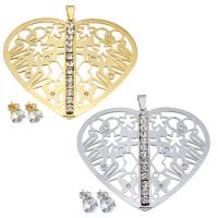 Rhinestone stainless steel Jewelry Set, pendant & earring, Heart, plated, for woman & with rhinestone & hollow 8mm Approx 