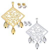 Rhinestone stainless steel Jewelry Set, pendant & earring, with Crystal, Rhombus, plated, for woman & faceted & with rhinestone & hollow 8mm Approx 