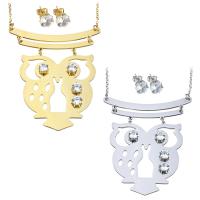 Rhinestone stainless steel Jewelry Set, earring & necklace, Owl, plated, oval chain & for woman & with rhinestone 1.5mm, 8mm Approx 18 Inch 