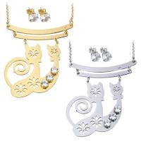 Rhinestone stainless steel Jewelry Set, earring & necklace, Cat, plated, oval chain & for woman & with rhinestone 1.5mm, 8mm Approx 18 Inch 