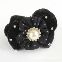 Velveteen Hair Jewelry Elastic, with Chiffon & Plastic Pearl & Zinc Alloy, gold color plated, iron-on & for woman & with rhinestone 