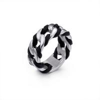 Stainless Steel Finger Ring, Titanium Steel, with Leather, polished, Unisex black, 9mm 